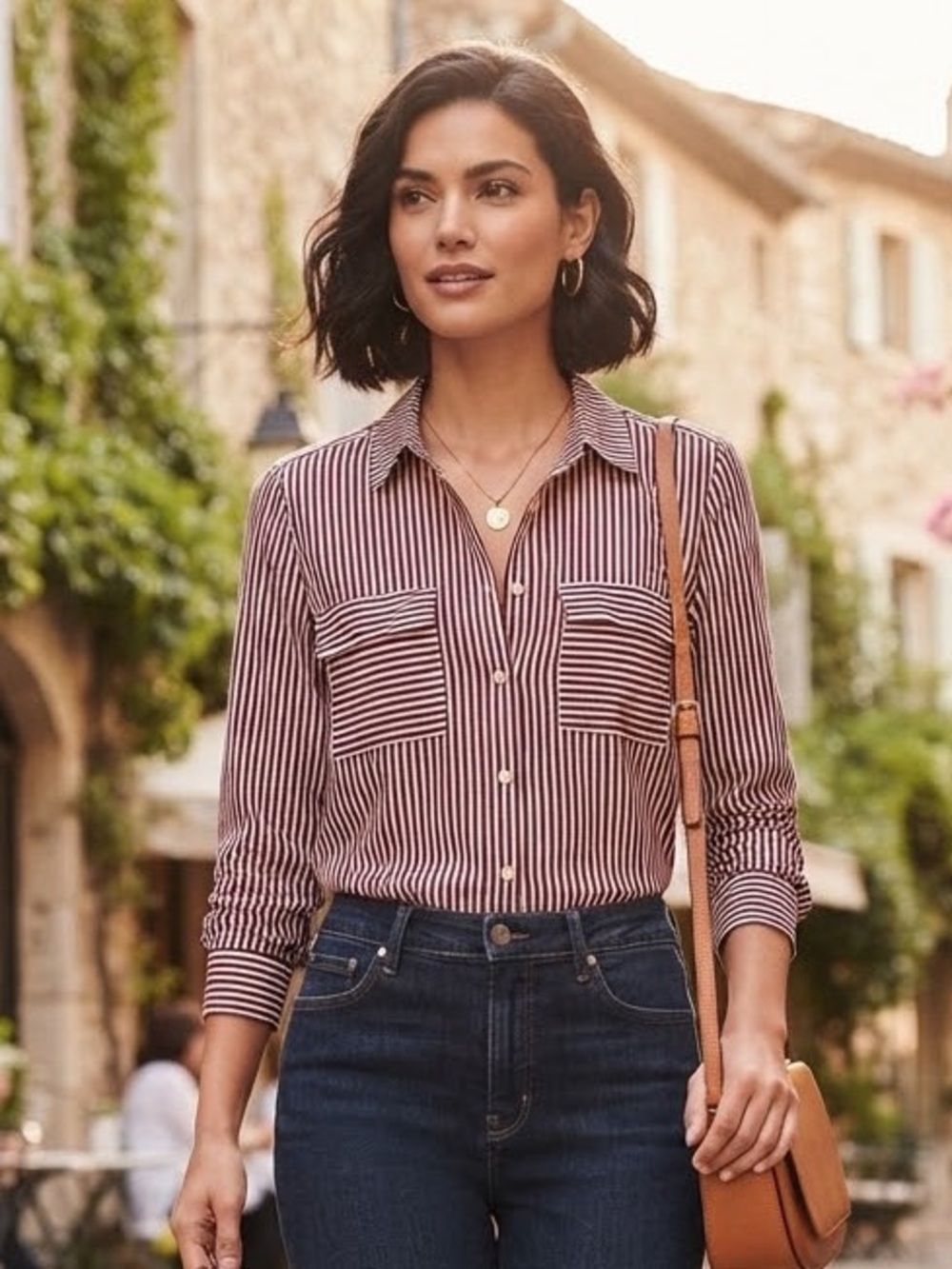 LOFT Striped Button-Up Blouse in Burgundy and White